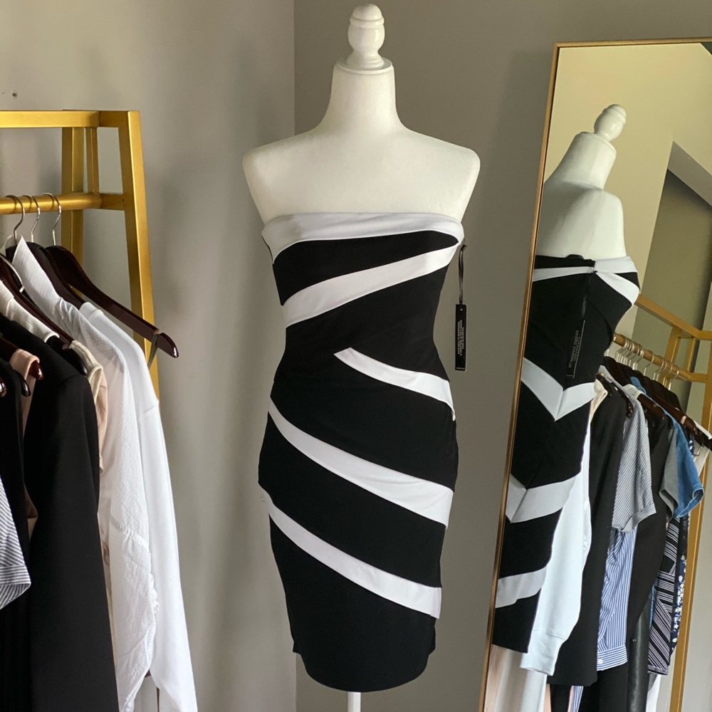 Black and white striped strapless dress